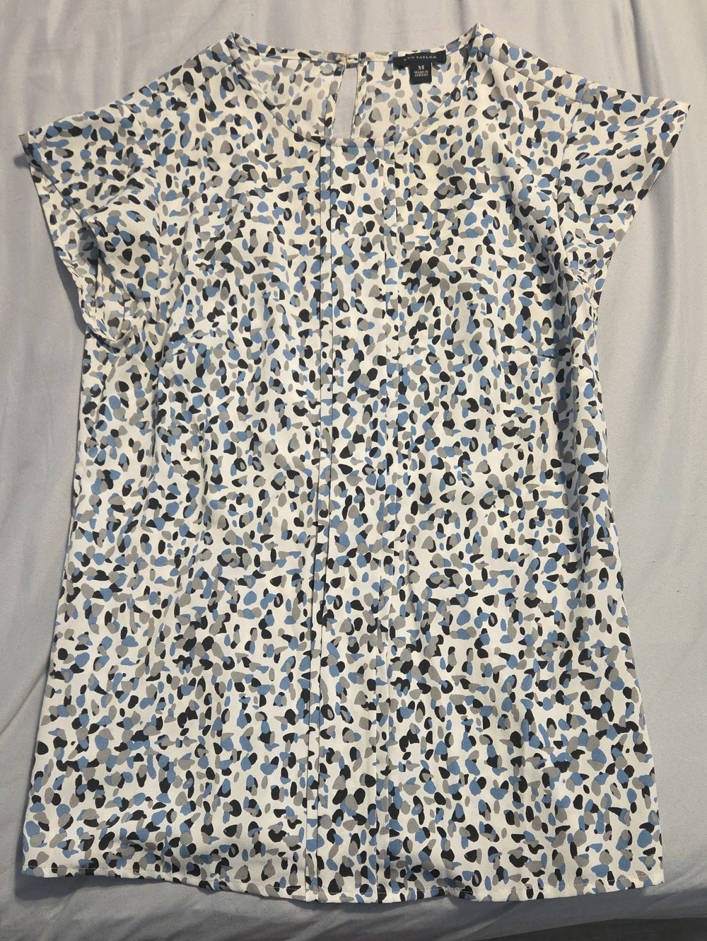 Ann Taylor Top White with Blue & Gray Spot Print
